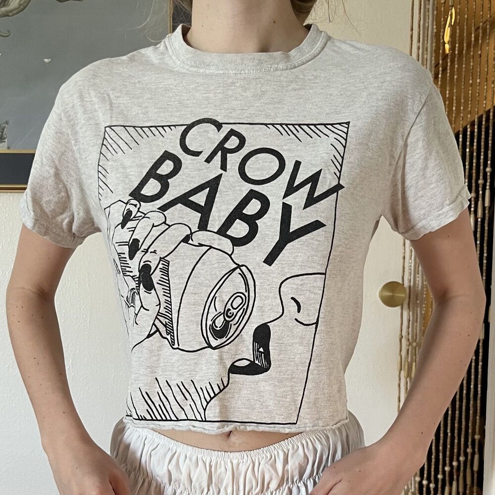 Crow Baby Gray Graphic Crop Top Tee Size S Indie Sleaze Y2K Heavy Cotton